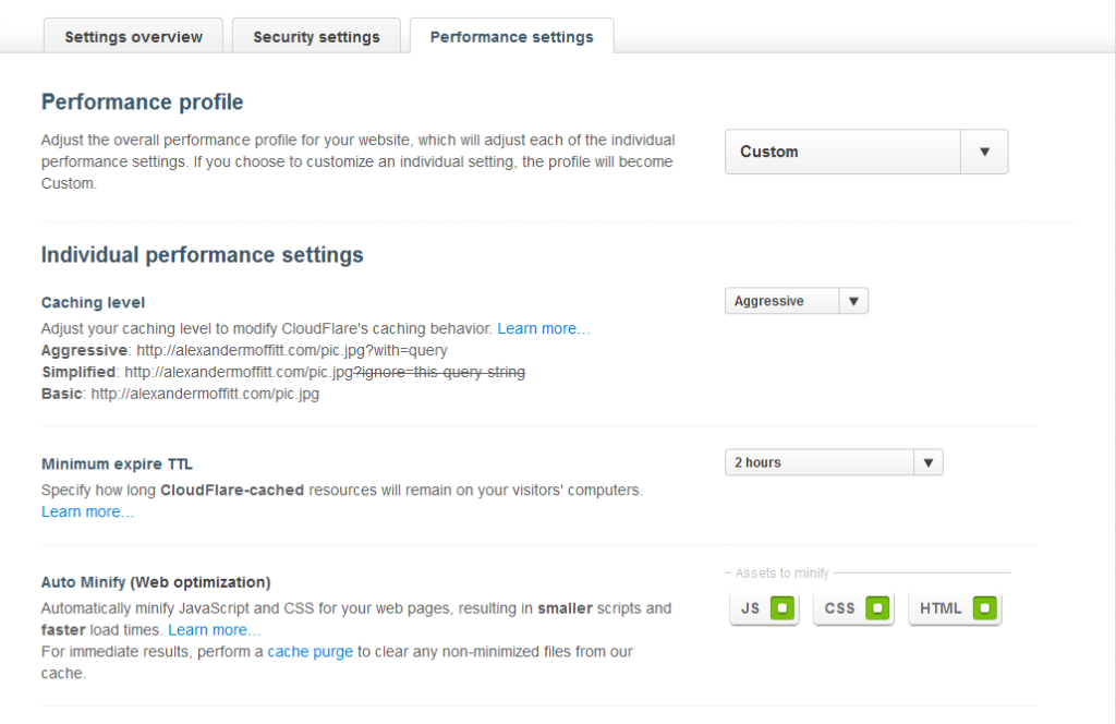 Cloudflare Performance Settings